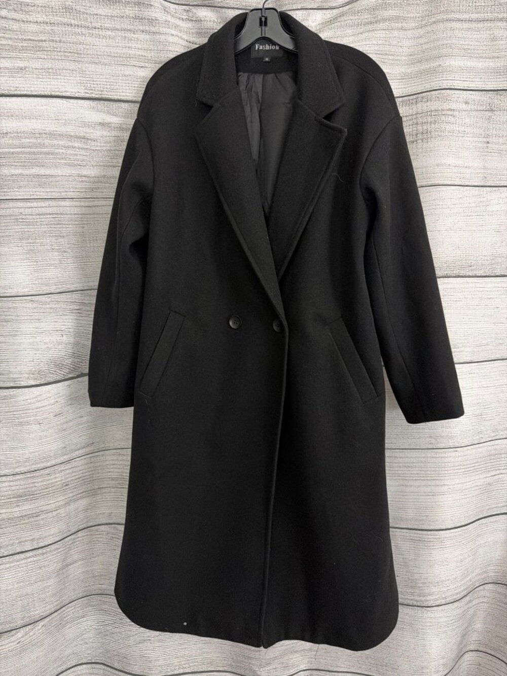 Fashion Black Wool-Blend Double-Breasted Coat Size M